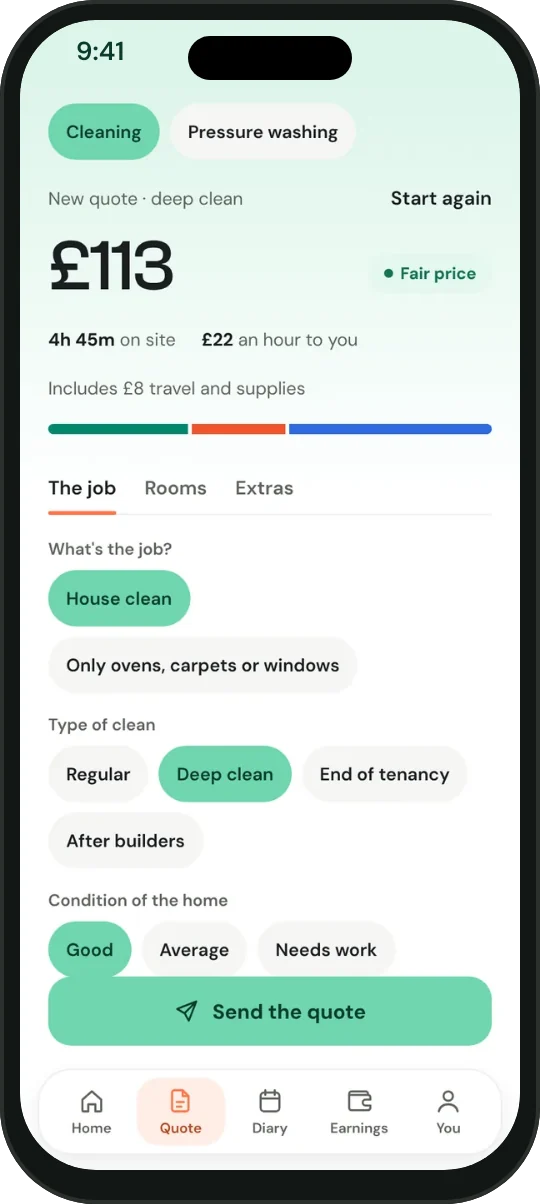 A deep clean quote: £113, 4h 45m on site, £22 an hour to you, marked as a fair price