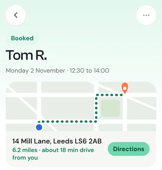 A booked job with the address, a map, drive time and a Directions button