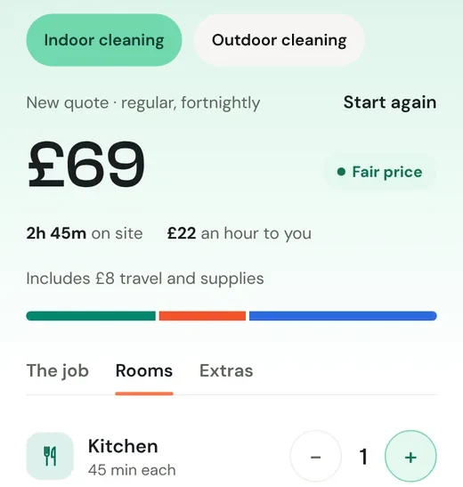 The Quote screen pricing a regular clean room by room at £69