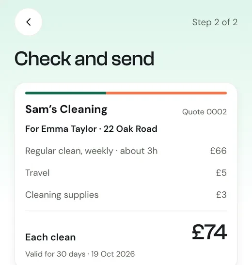A £74 weekly clean for Emma Taylor, ready to send by WhatsApp